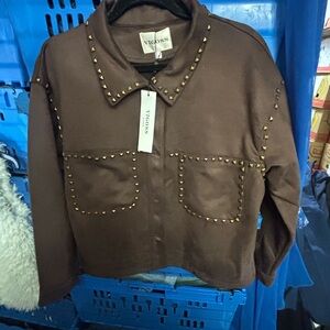 Vigoss choc medium studded pockets and trim button down suede like western BNWT